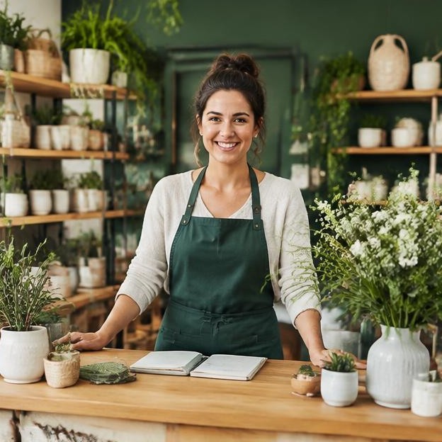 Shop owner behind her plant and homewares counter